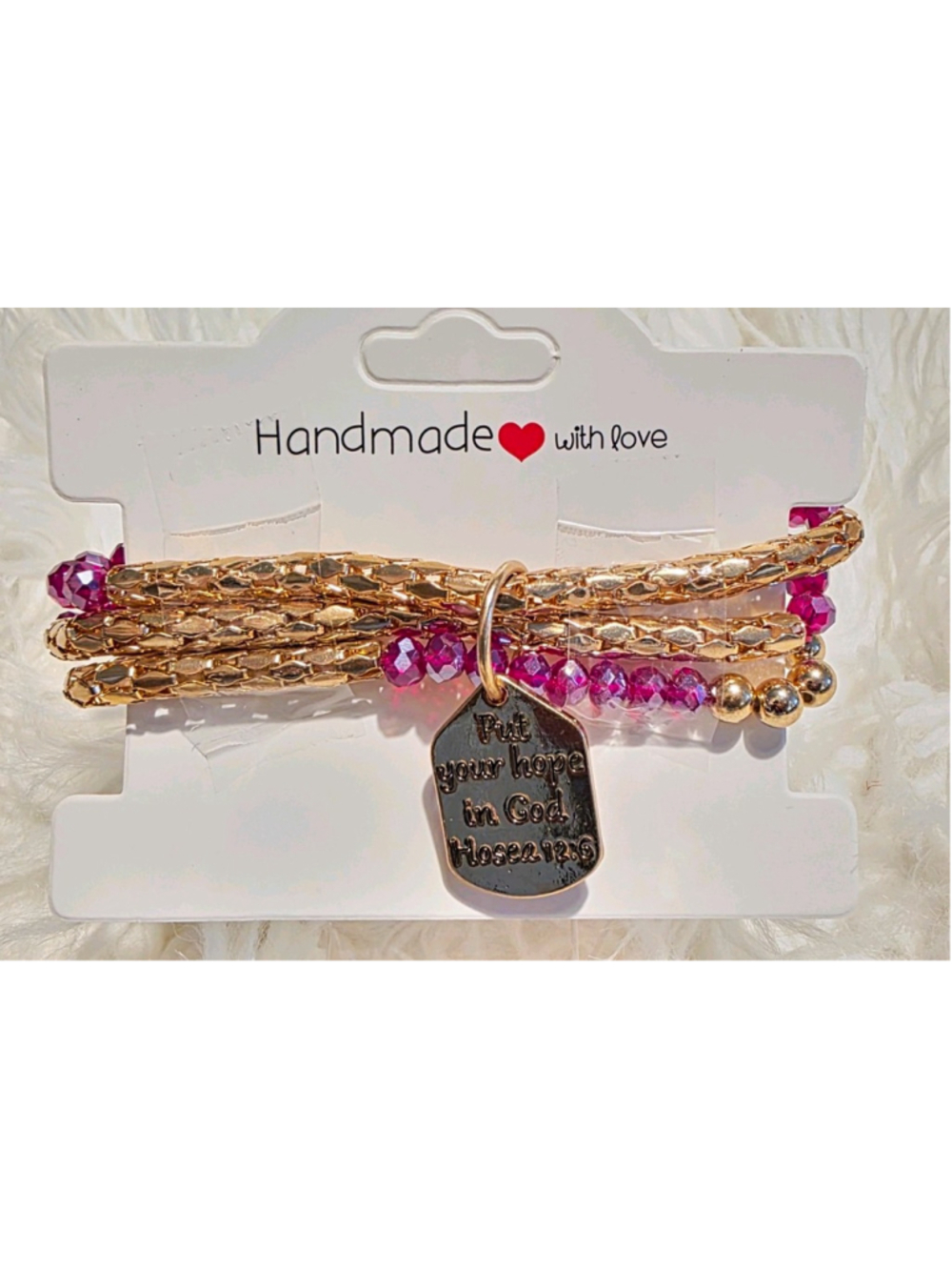 Gold Tone Beaded Bangle Charm Bracelet Pink Round Crystal Religious